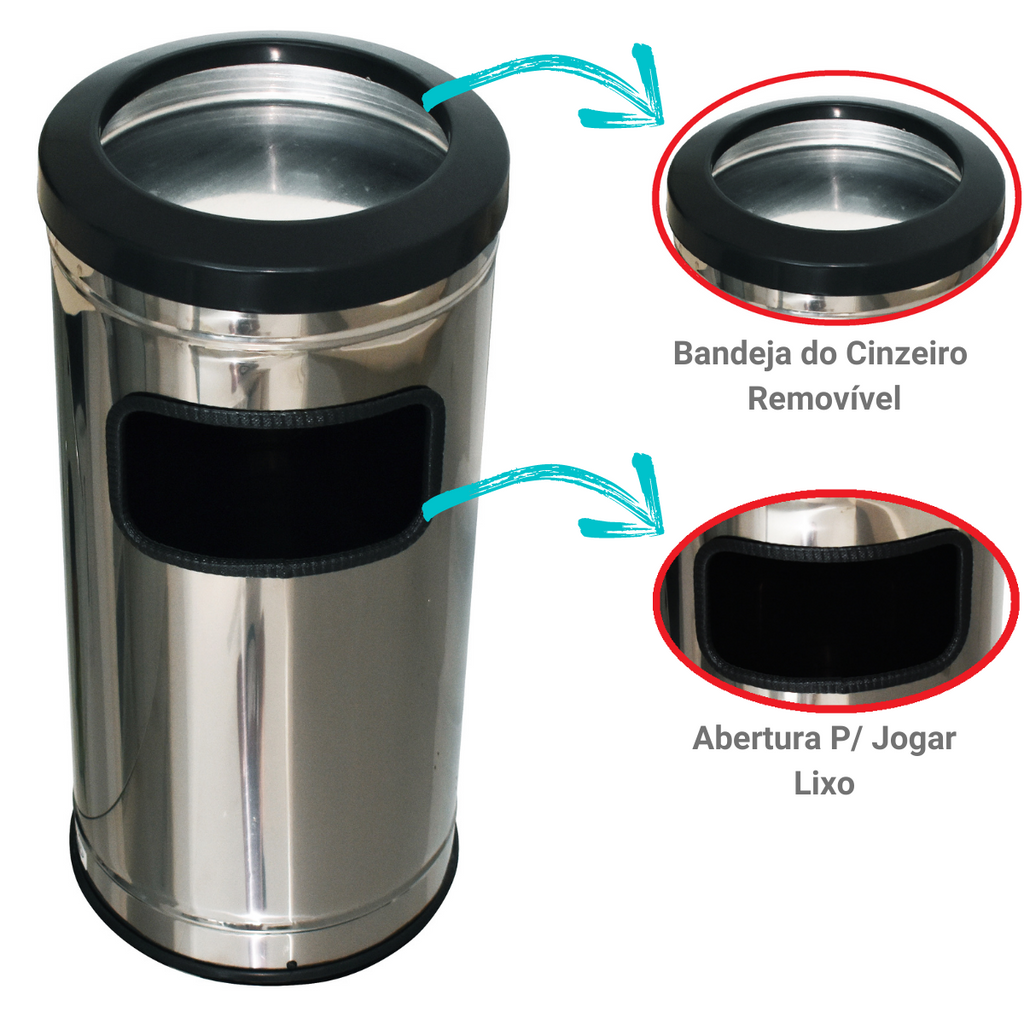 Lixeira Cinzeiro Inox C/ Aro Plástico 24CMX25L