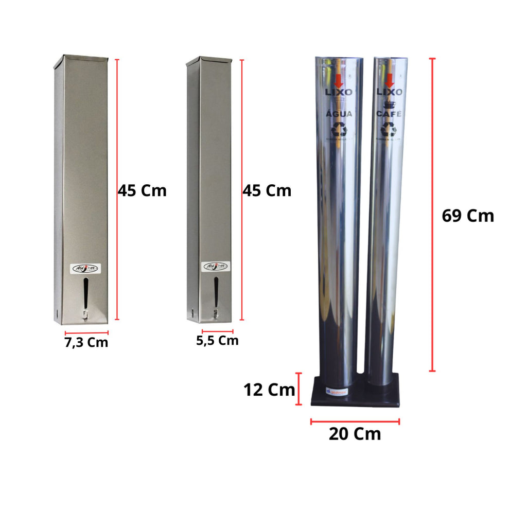 Kit Dispenser Quadrado Inox Água 200ml + Café 50ml + Coletor Inox Duplo Água e Café
