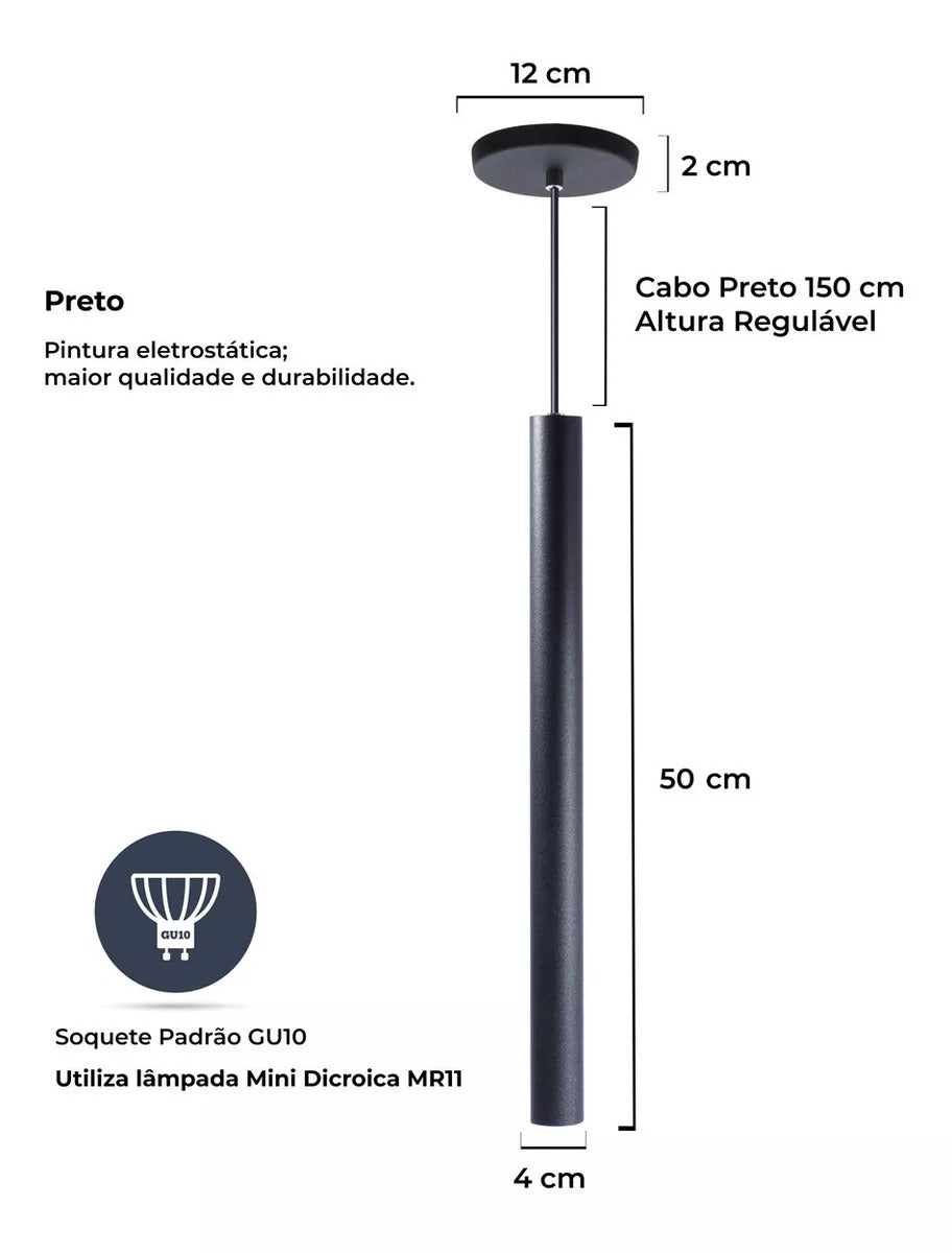 Pendente Cilíndrico / Tubular 50cm Preto