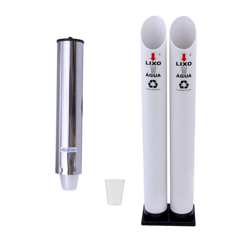Kit Coletor Duplo Água PVC E Dispenser Redondo 200ml Inox
