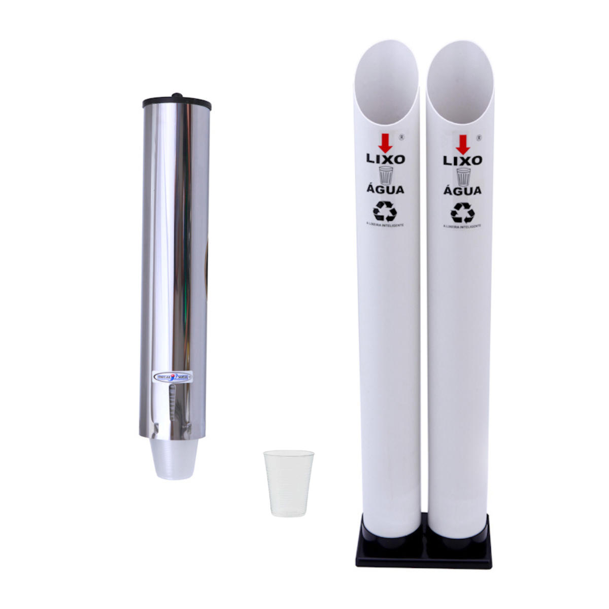 Kit Coletor Duplo Água PVC E Dispenser Redondo 200ml Inox