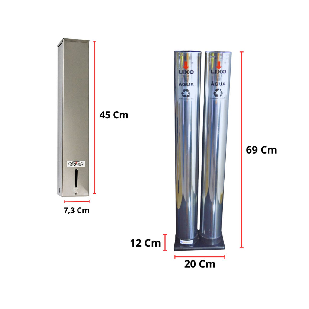 Kit Dispenser Quadrado Inox Água 200ml + Coletor Inox Duplo Água