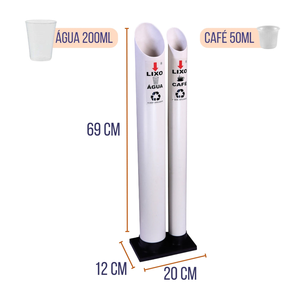 Kit 1 Coletor Duplo Água/Café PVC + 1 Dispenser Redondo 200ml Inox + 1 Dispenser Redondo 50ml Inox