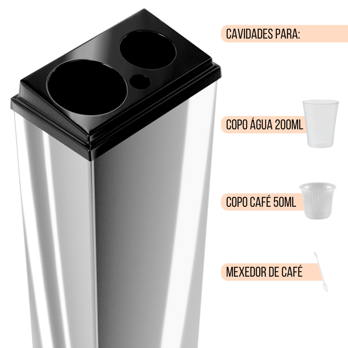Coletor Copo Descartável Conjugado Inox Água 200ml e Café 50ml