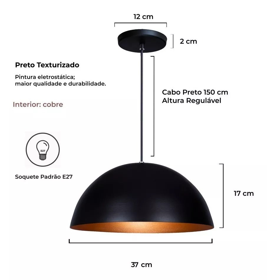 Pendente Meia Bola Preto Com Cobre
