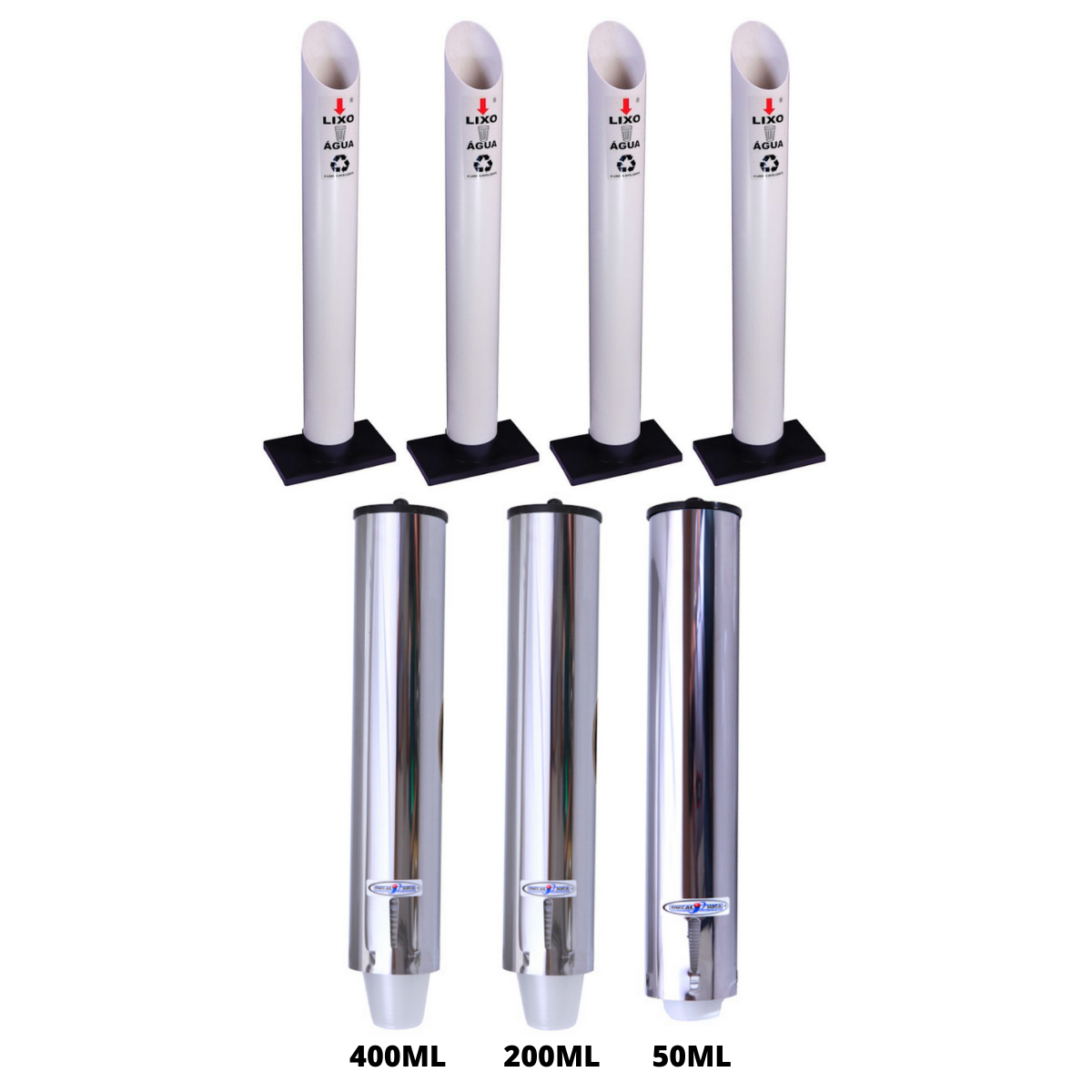 Kit 4 Coletores Individuais Água PVC + 1 Dispenser Redondo 200ml + 1 Dispenser Redondo 400ml + 1 Dispenser Redondo 50ml