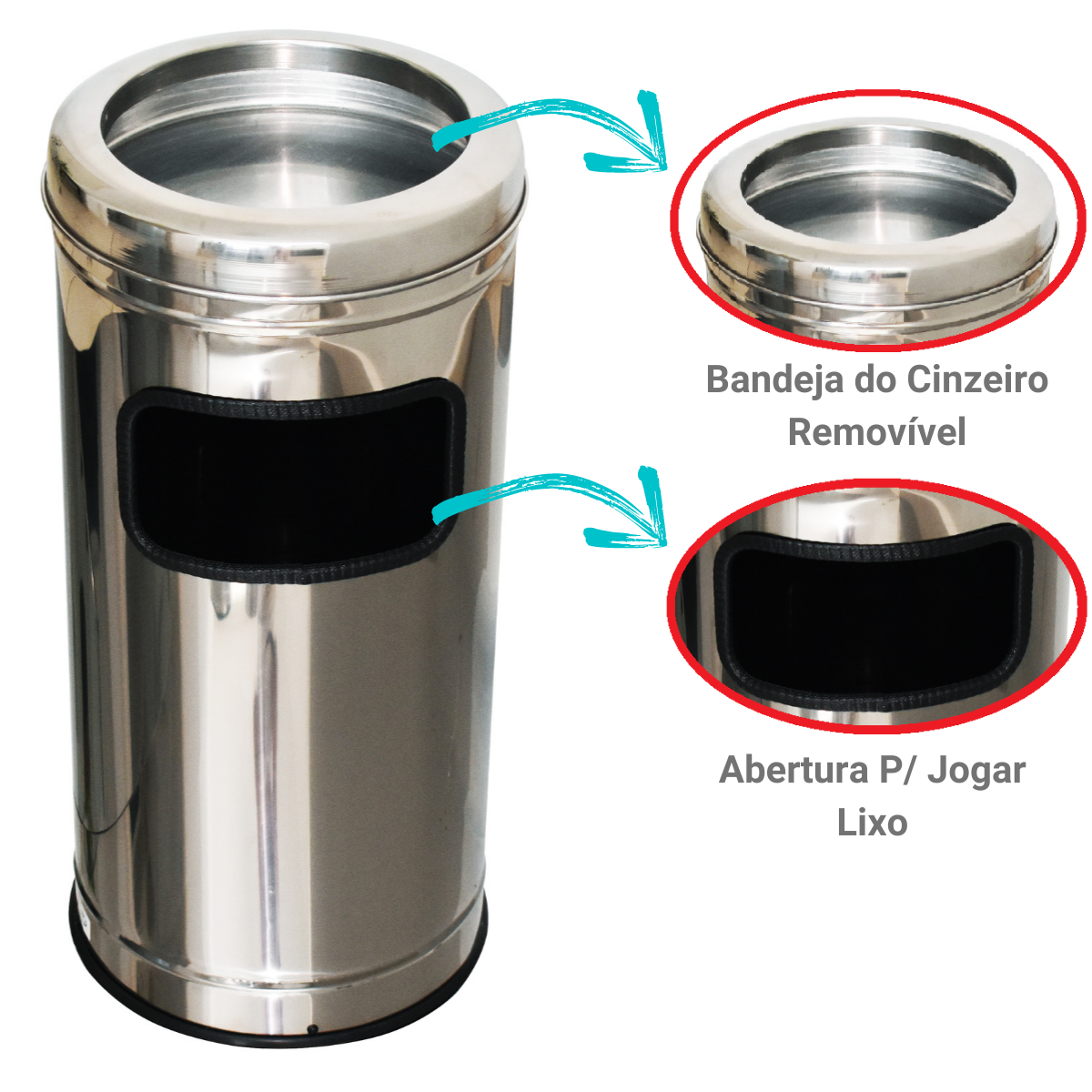 Lixeira Cinzeiro Inox C/ Aro Inox 24CMX25L