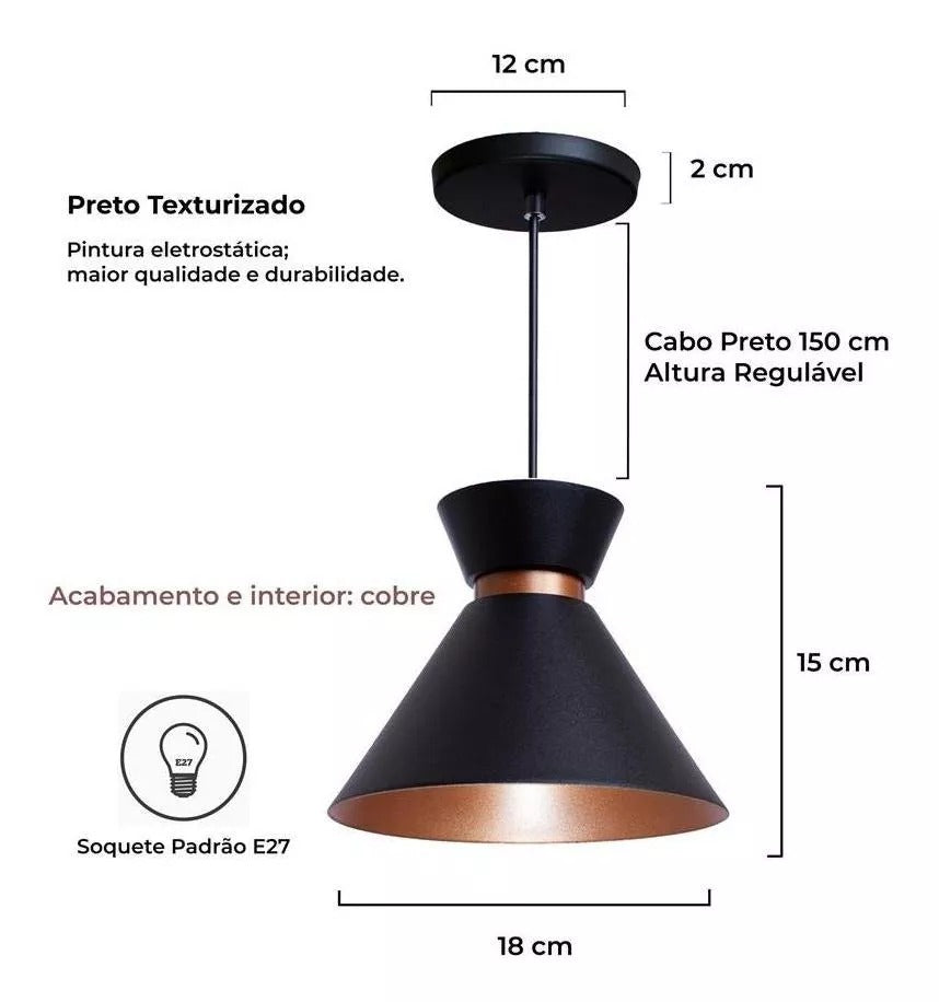 Pendente Mini Berlim Preto Com Cobre