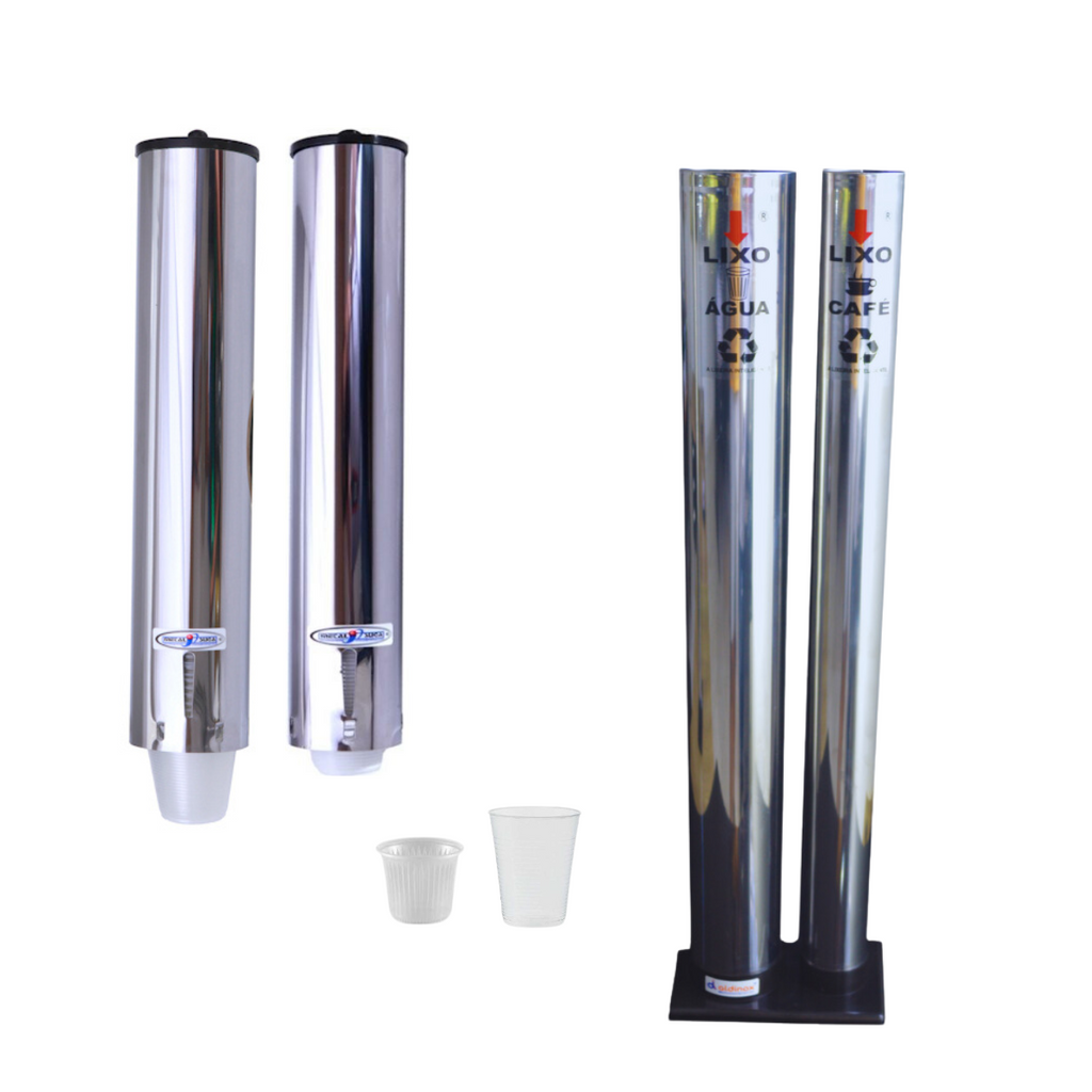 Kit Dispenser Redondo Inox Água 200ML + Café 50ML + Coletor Inox Duplo Água e Café