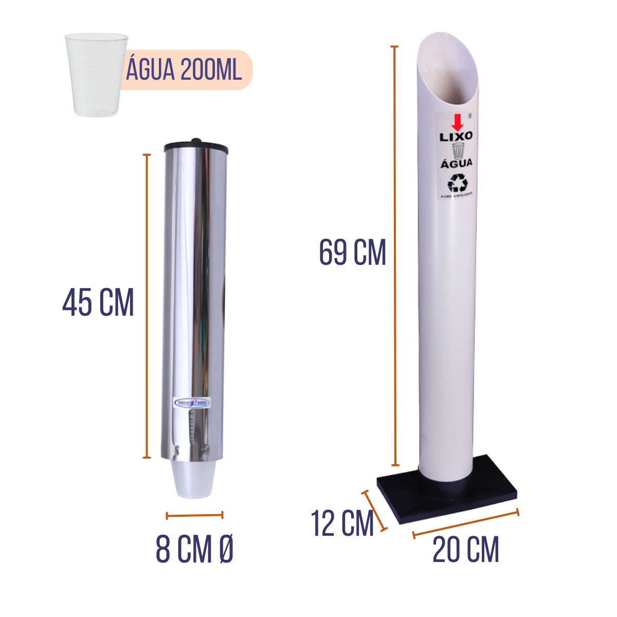 Kit 1 Coletor Individual Água PVC + 1 Dispenser Redondo 200ml Inox