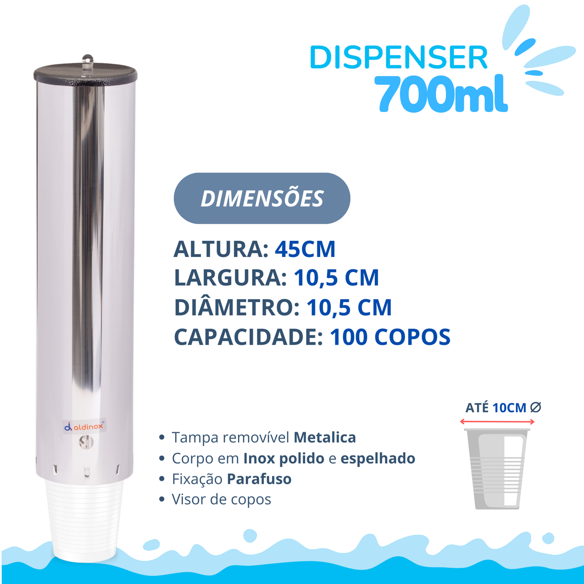 Dispenser Redondo Inox Água 700ML