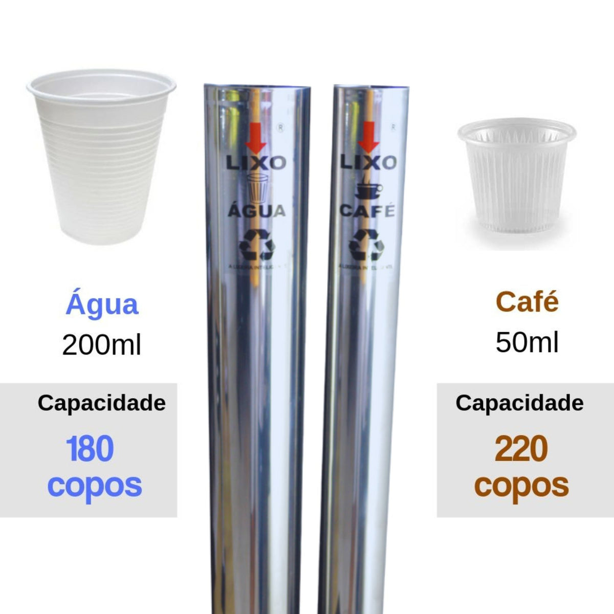 Kit Dispenser Quadrado Inox Água 200ml + Café 50ml + Coletor Inox Duplo Água e Café