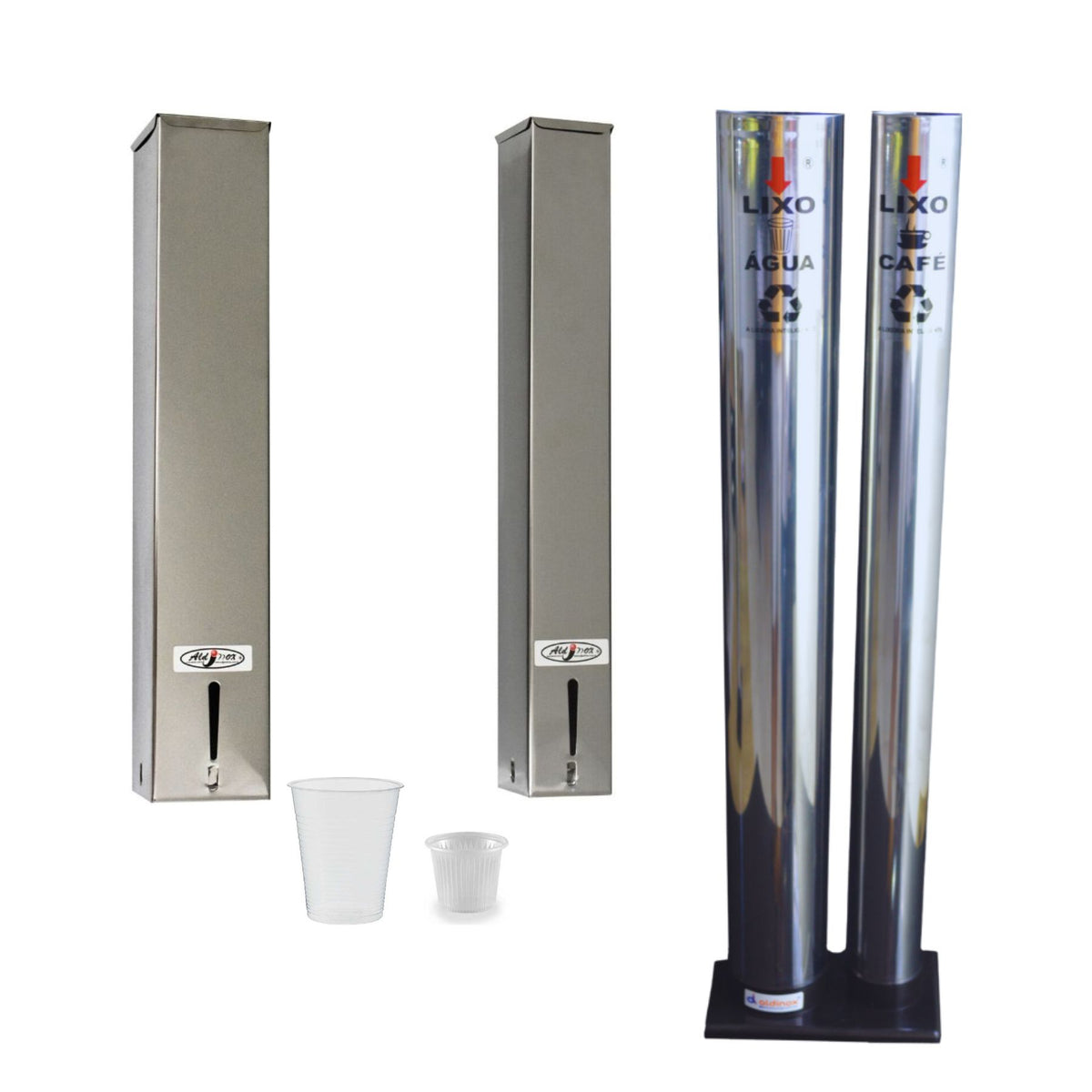 Kit Dispenser Quadrado Inox Água 200ml + Café 50ml + Coletor Inox Duplo Água e Café