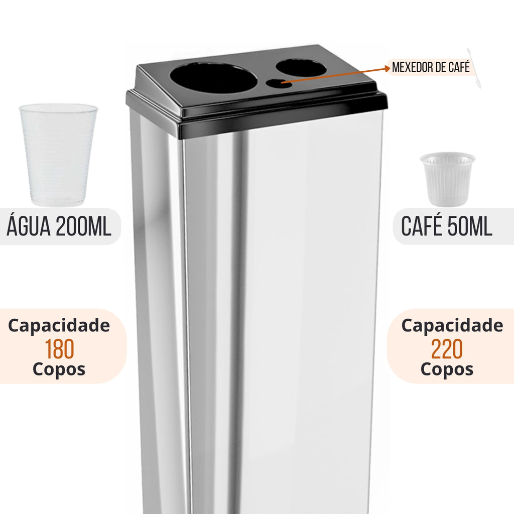 Coletor Copo Descartável Conjugado Inox Água 200ml e Café 50ml