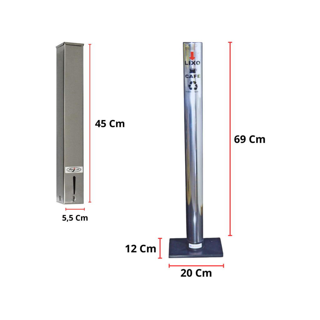 Kit Dispenser Quadrado Inox Café 50ml + Coletor Inox Individual Café