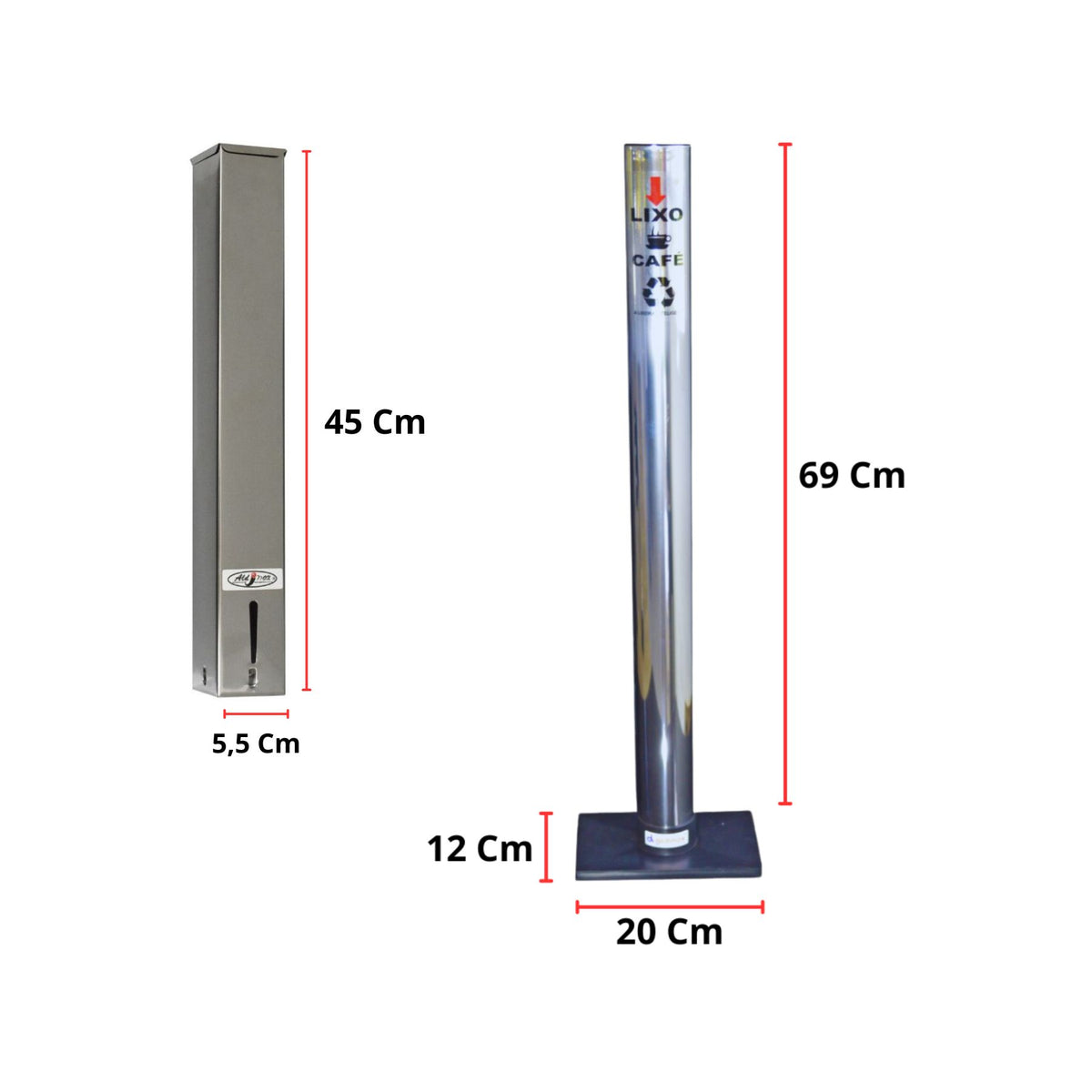 Kit Dispenser Quadrado Inox Café 50ml + Coletor Inox Individual Café