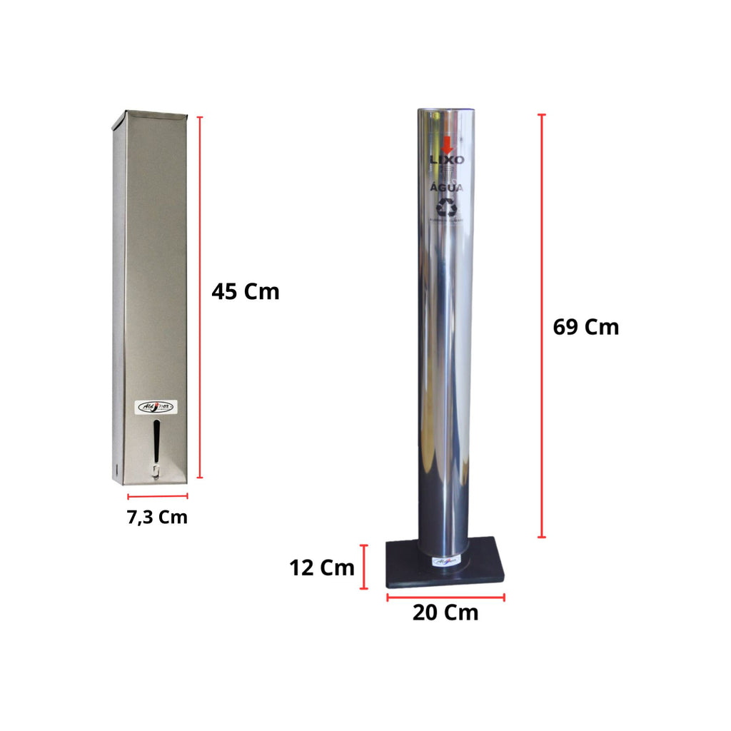 Kit Dispenser Quadrado Inox Água 200ml + Coletor Inox Individual Água