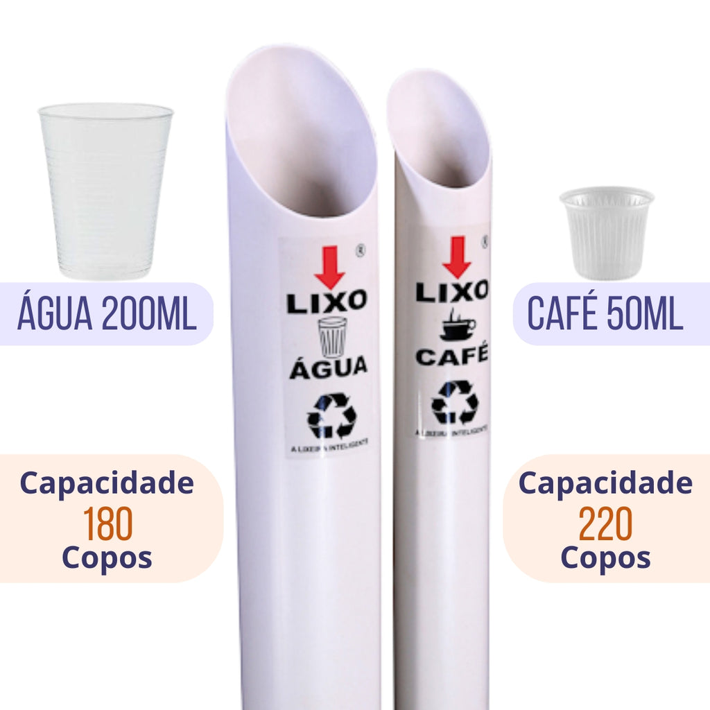Kit 1 Coletor Duplo Água/Café PVC + 1 Dispenser Redondo 200ml Inox + 1 Dispenser Redondo 50ml Inox