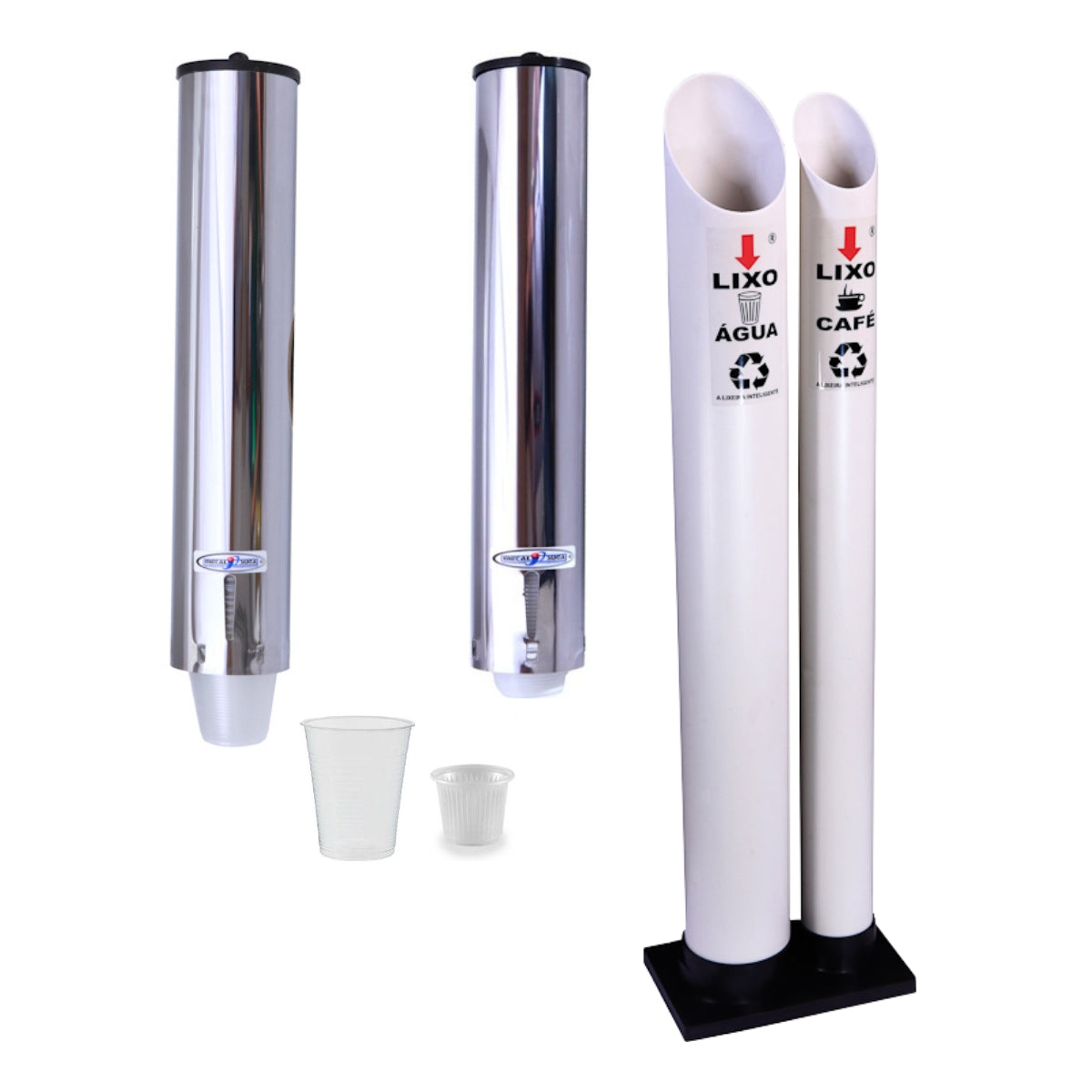 Kit 1 Coletor Duplo Água/Café PVC + 1 Dispenser Redondo 200ml Inox + 1 Dispenser Redondo 50ml Inox